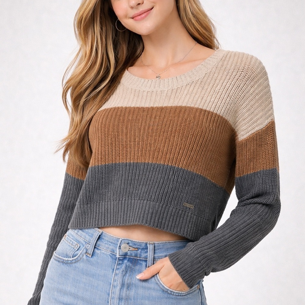 Hollister Colorblock Cropped Sweater Small Neutral Tan Brown Gray